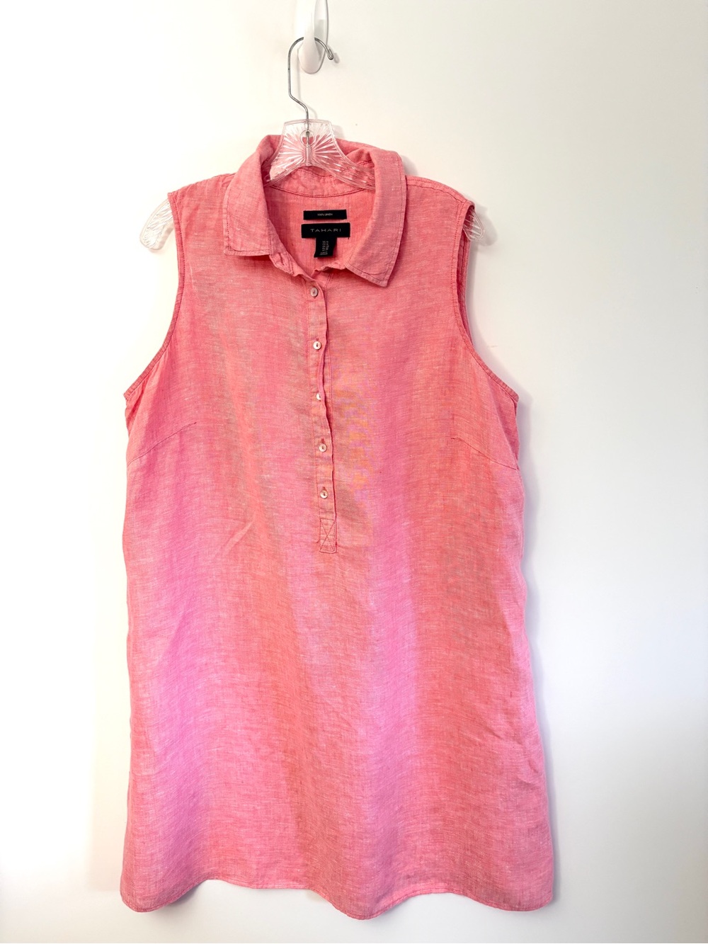 Tahari 100% Linen Coral Pink Sleeveless Shirt Dress Size 1X